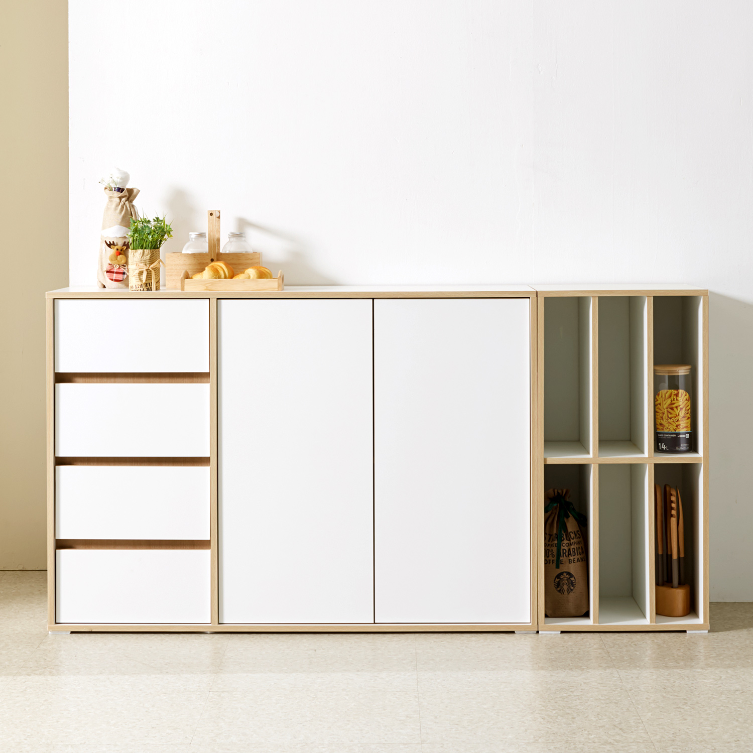 솔로리빙 토브 1200 LP 수납장 높은 거실장 다용도 주방 서랍장 화이트내추럴