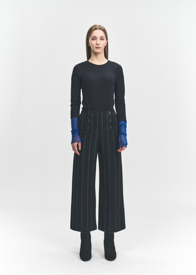 체크 더블버튼 와이드 밴딩 팬츠(I8W3PT76)