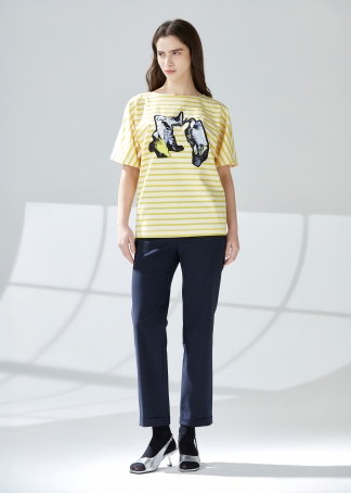 배색 프린트 자수 스트라이프 티셔츠 (I9M4TH06)