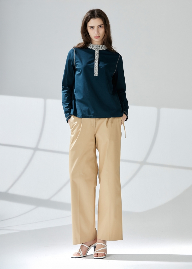 레이스 배색 헨리넥 티셔츠(I9M2BL03)