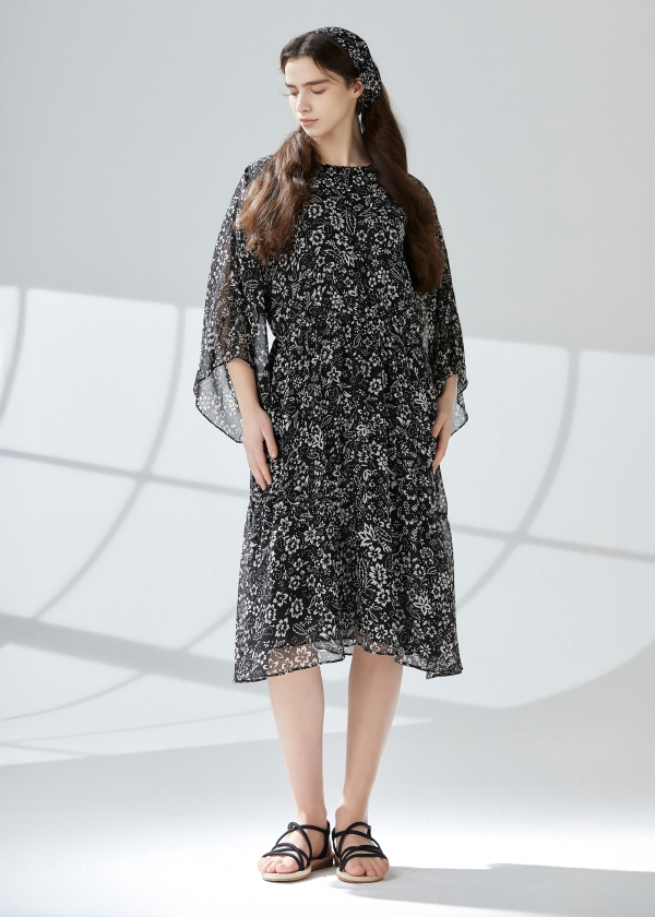 플라워 쉬폰 하프슬리브 셔링 원피스(I9M2OP05)