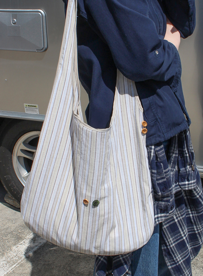 Stripe Button Packable Shoulder Bag (Beige)