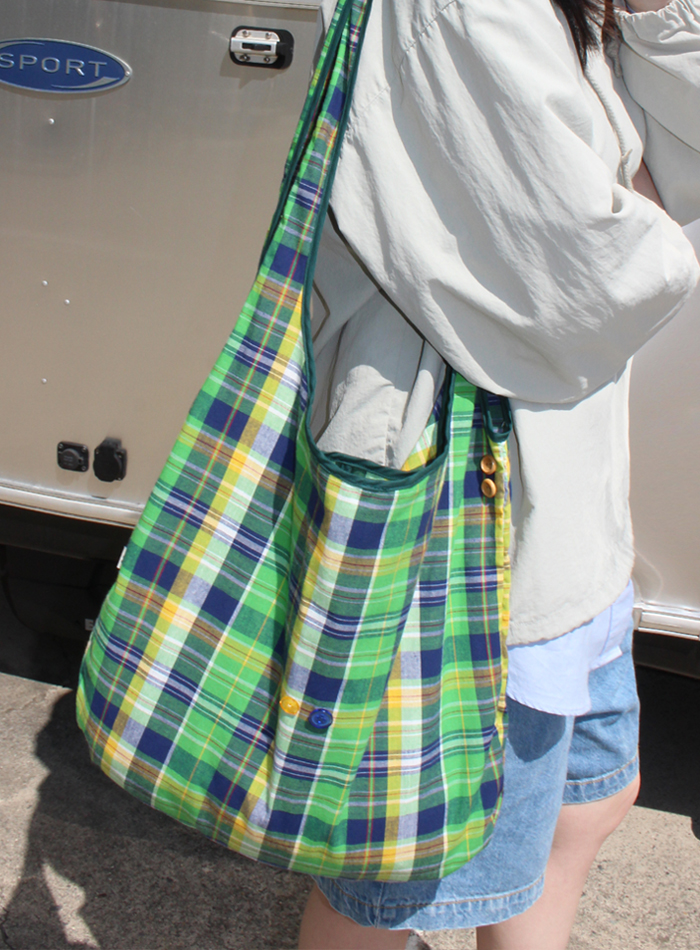 Check Button Packable Shoulder Bag (Green)