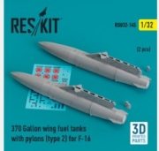 [사전 예약] RSU32-0145 370 Gallon wing fuel tanks with pylons (type 2) for F-16 (2 pcs) (3D Printed) (1/32)