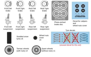 [사전 예약] LBTK23 1/24 Toyota GR Yaris Rally1 Studded snow wheels/ brake/ suspension set