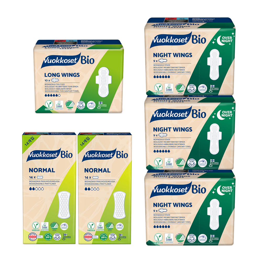 뷰코셋 6팩 혼합 SET 롱윙1+나이트윙3+팬티라이너2 핀란드 유기농생리대