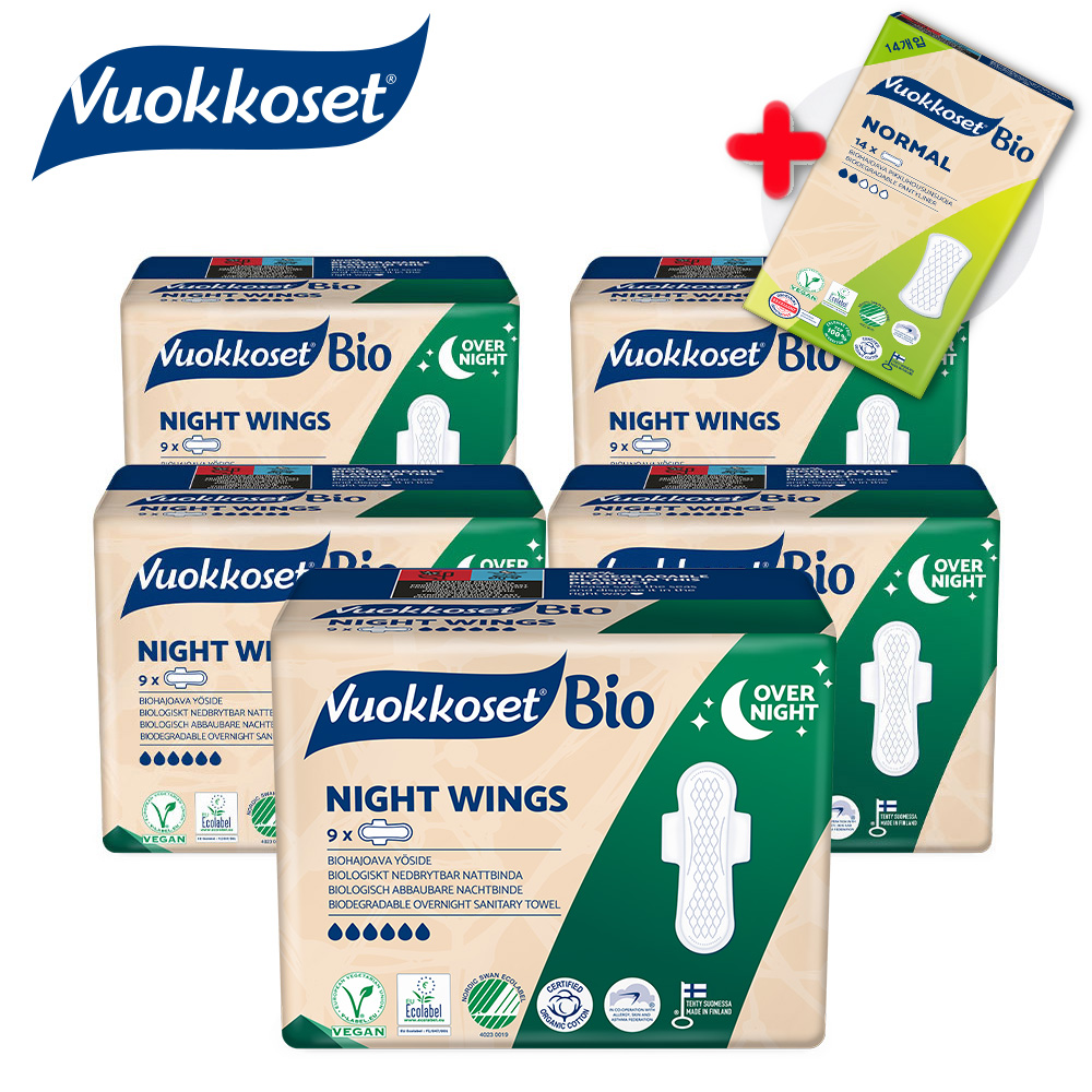 뷰코셋 유기농 생리대 나이트윙 5팩 + 노말 팬티라이너 1팩 순면