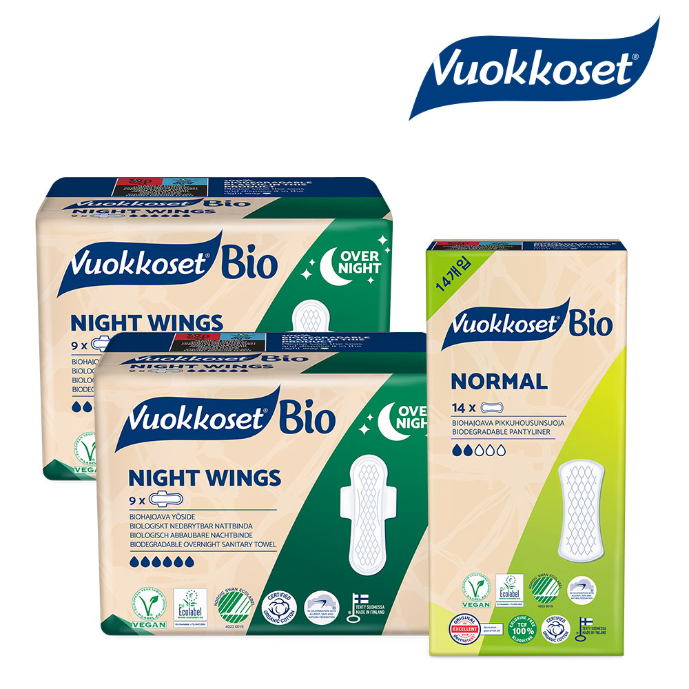 뷰코셋 생리대 핀라드 오버나이트 나이트윙 2팩 + 노말 팬티라이너 1팩