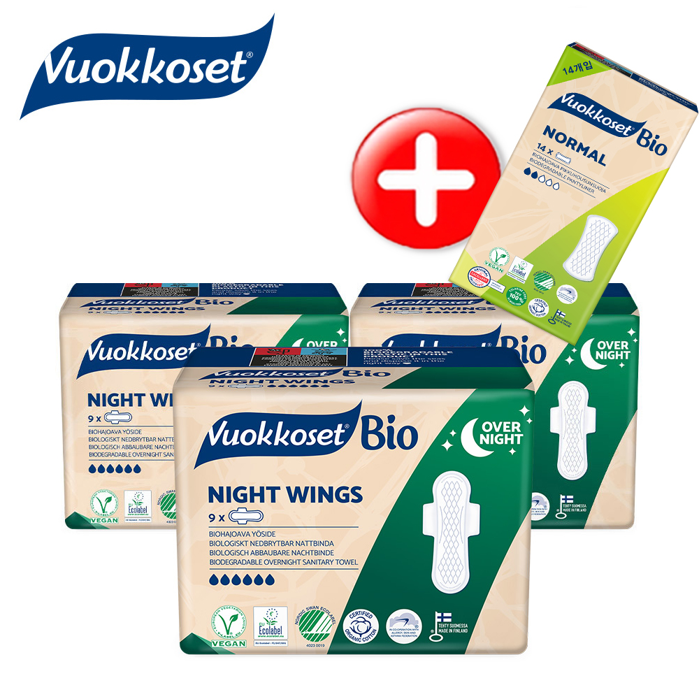 [정품] 뷰코셋 유기농 생리대 3팩 나이트윙 오버나이트 + 노말 팬티라이너 1팩