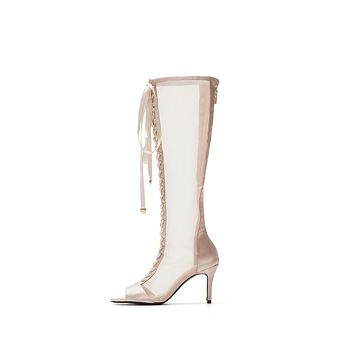 새틴 시스루 오픈토 부츠힐(베이지)