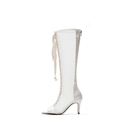 새틴 시스루 오픈토 부츠힐(화이트)