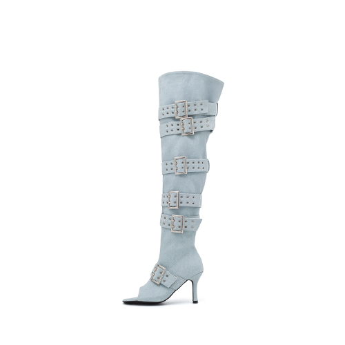 데님 버클 오픈토 부츠힐(블루)