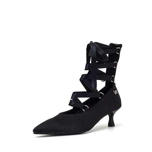 새틴 리본 레이스업 부츠힐(블랙)