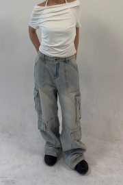 [UNISEX] 디스토션 멀티 포켓 와이드 카고 데님 팬츠
