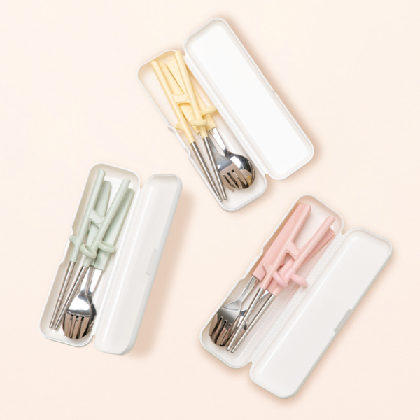 에디슨 2단계 오른손 스텐 젓가락 스푼 포크 케이스 세트 유아 어린이 교정젓가락