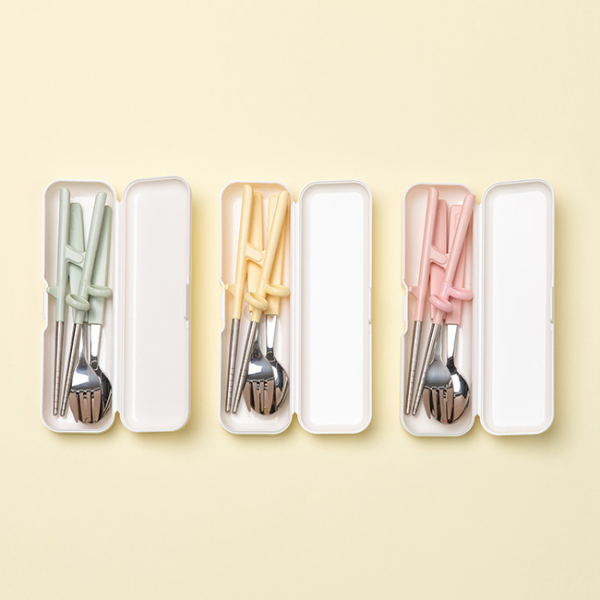 에디슨 2단계 오른손 스텐 젓가락 스푼 포크 케이스 세트 유아 어린이 교정젓가락