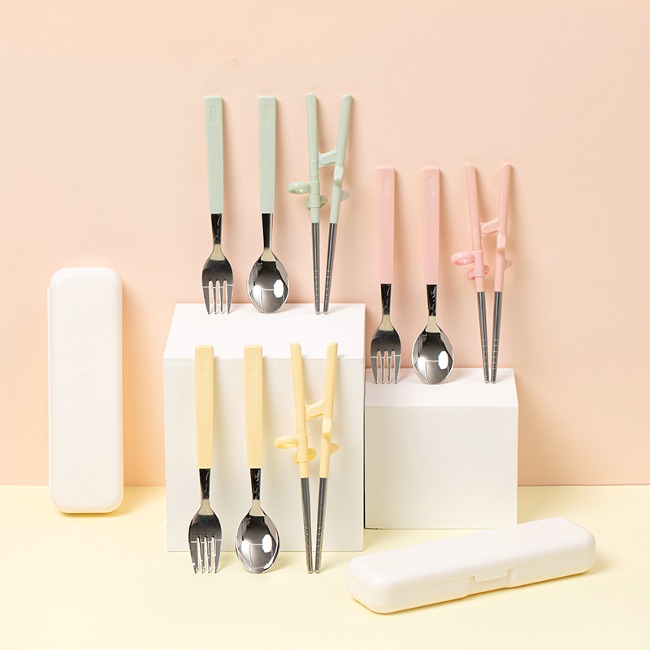 에디슨 2단계 오른손 스텐 젓가락 스푼 포크 케이스 세트 유아 어린이 교정젓가락