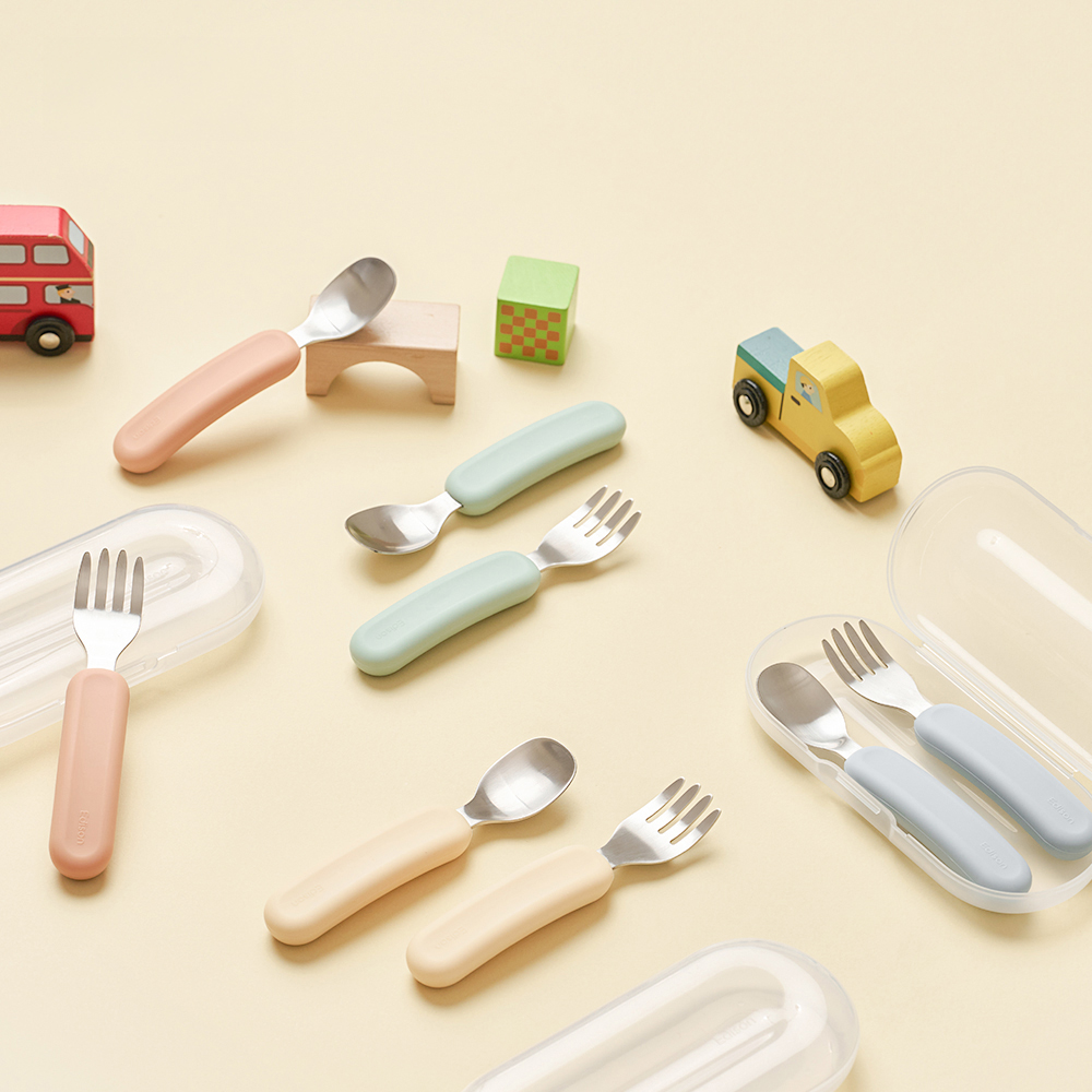 에디슨 이지그립 실리콘 스푼 포크 케이스 세트 인펀트 베이비 18개월 자기주도 이유식준비물