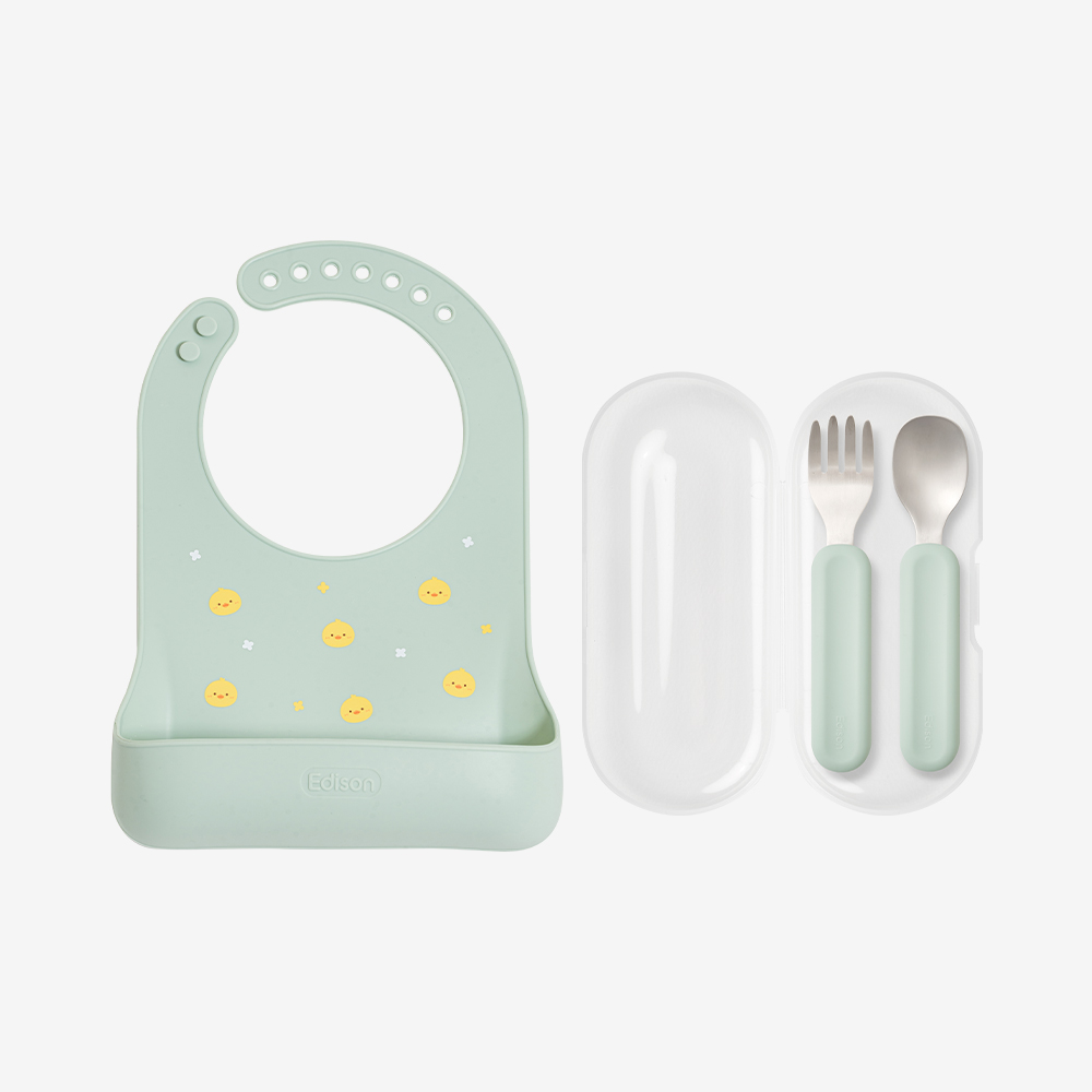 에디슨 이지그립 베이비 실리콘 스푼포크 + 프렌즈 실리콘 턱받이 세트