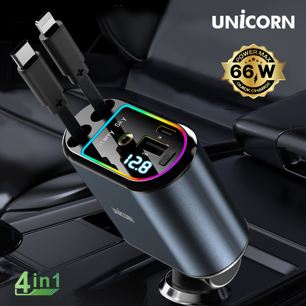 4IN1 릴타입 시거잭 차량용 멀티 고속충전기 동시4대충전 LED 화면 CP-500D