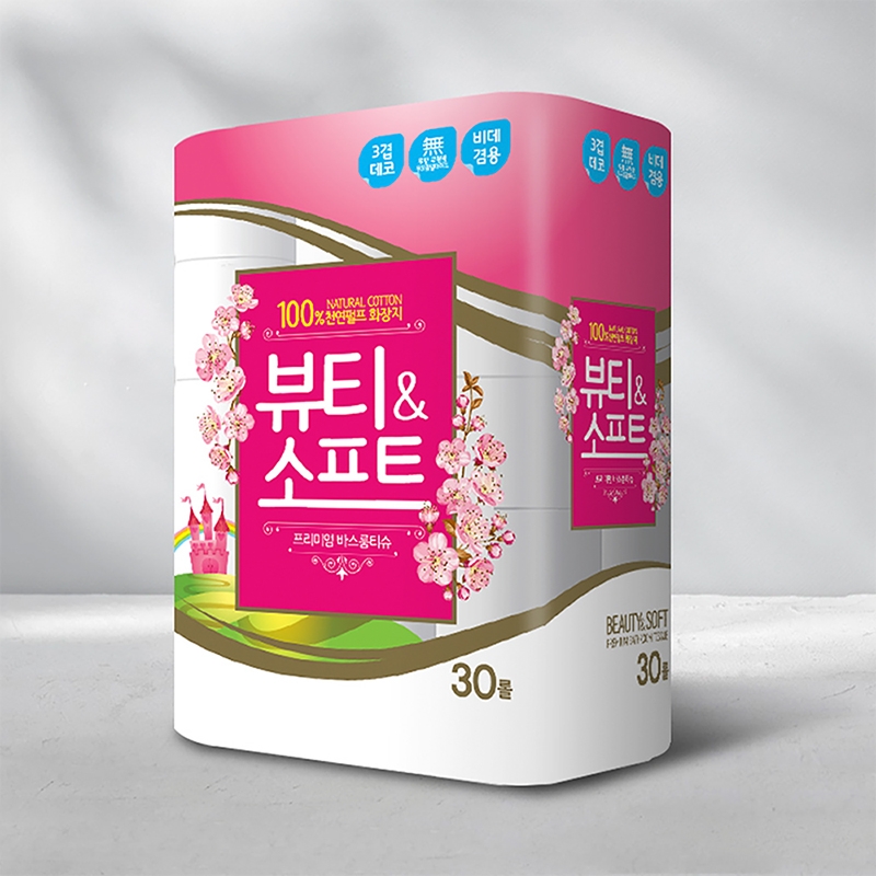 100% 천연펄프 도톰한 3겹 비데겸용 뷰티앤소프트 30m x 30롤