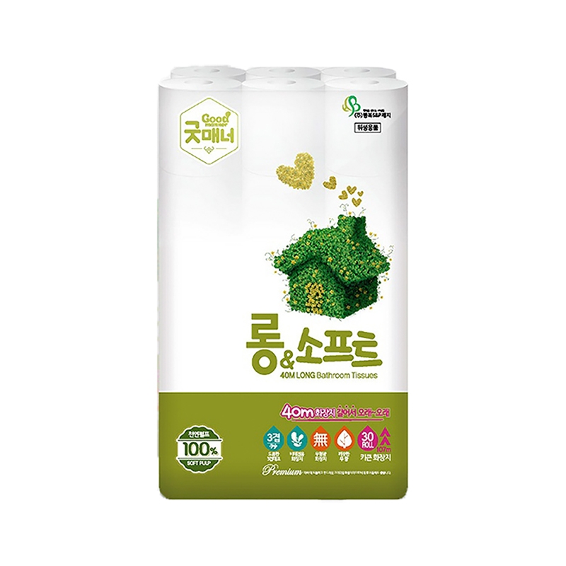 [굿매너] 100% 천연펄프 오래오래 쓰는 롱앤소프트 40m x 30롤