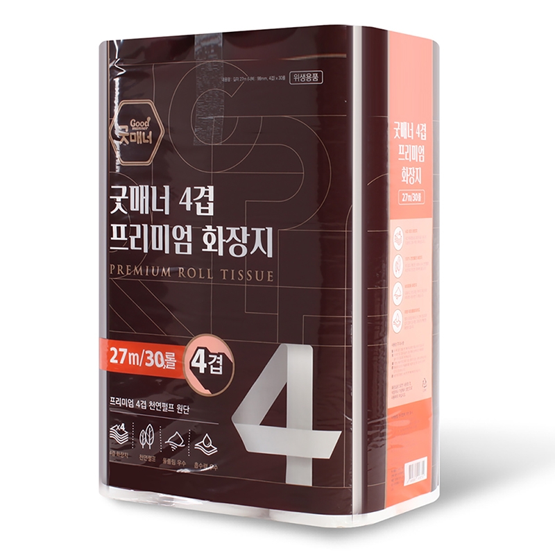 [굿매너] 100% 천연펄프 4겹 프리미엄 화장지 27m x 30롤