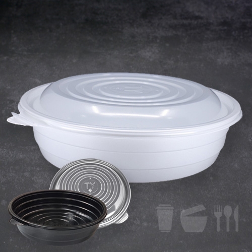 찜용기(TY 원형 300파이) 왕대, 100세트 4000ml 배달일회용, 돔형뚜껑+몸통 백색, 검정
