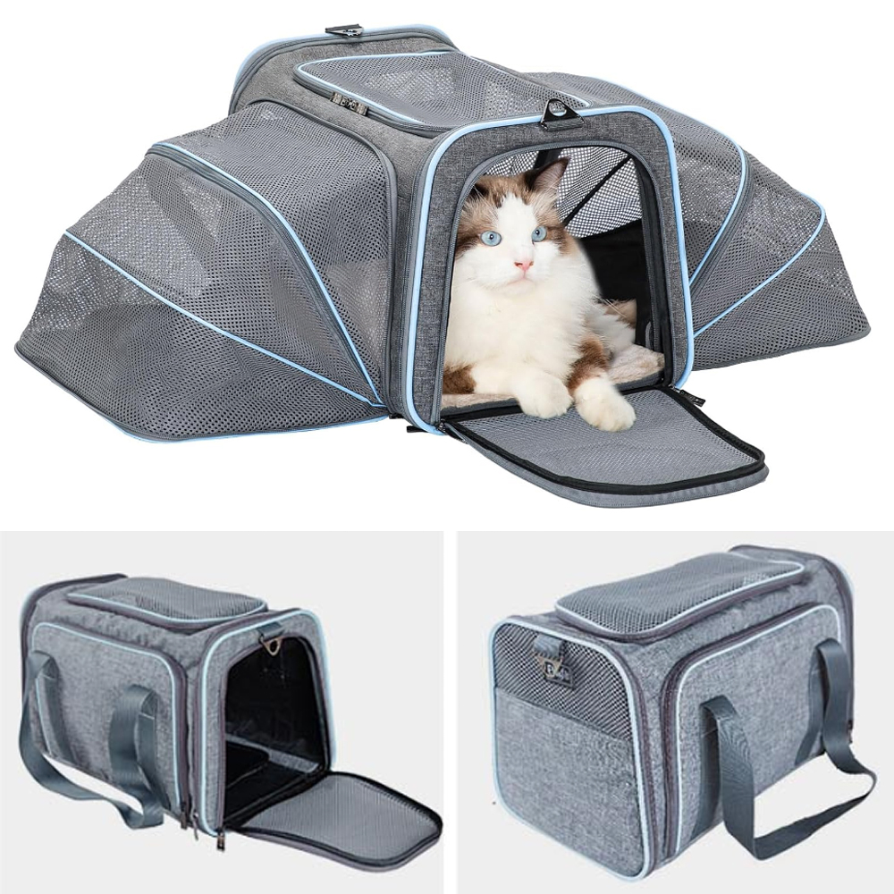펫츠핏 양방향 확장형 강아지 기내용 캐리어 고양이 이동가방 Grey And Blue M