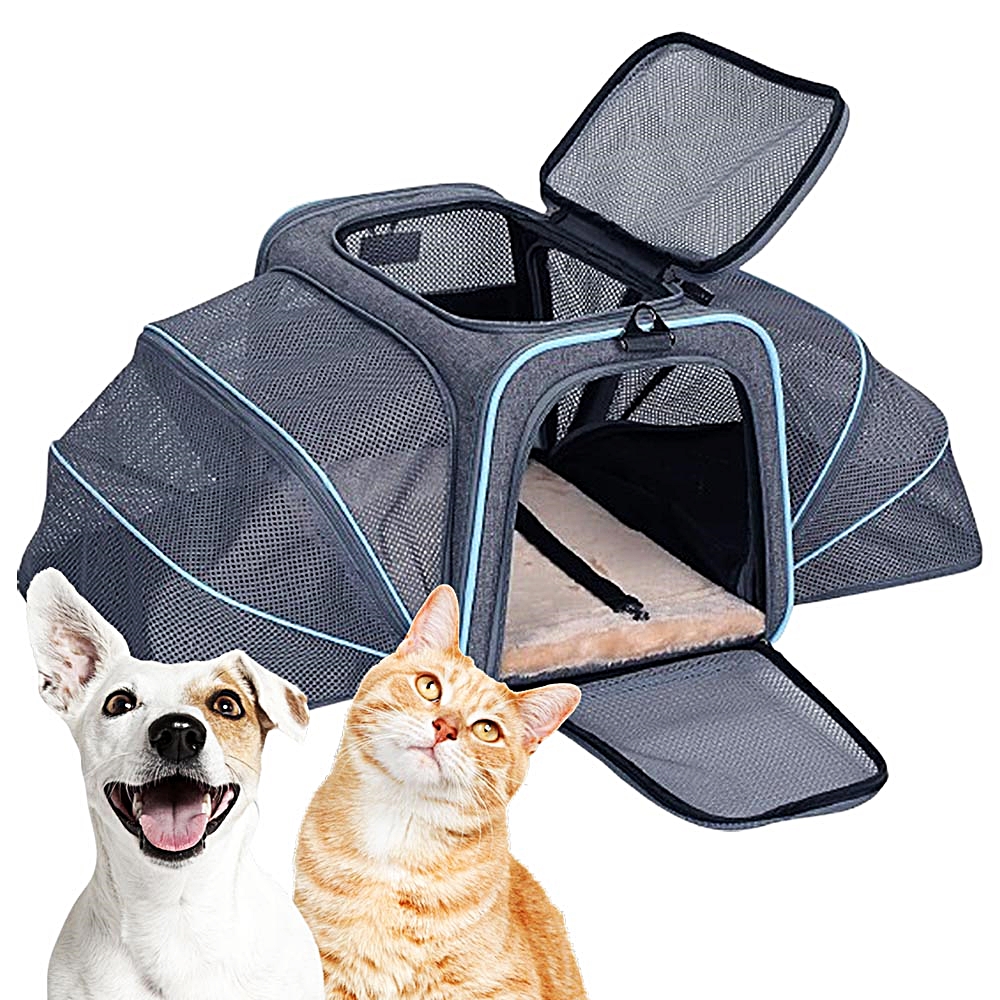 펫츠핏 양방향 확장형 비행기 탑승가방 강아지 고양이 캐리어 이동가방 Grey And Blue L