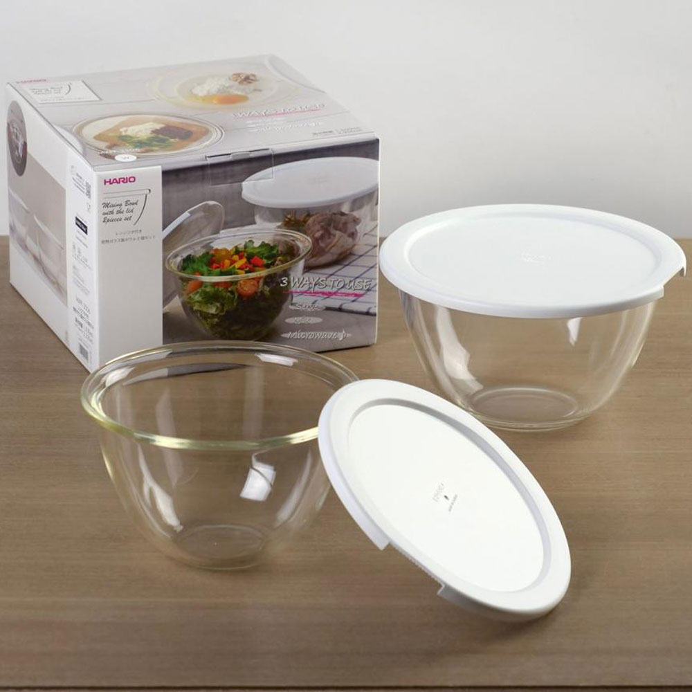 일본 하리오 내열유리 믹싱볼 2개세트 베이킹 샐러드 유리볼 뚜껑포함