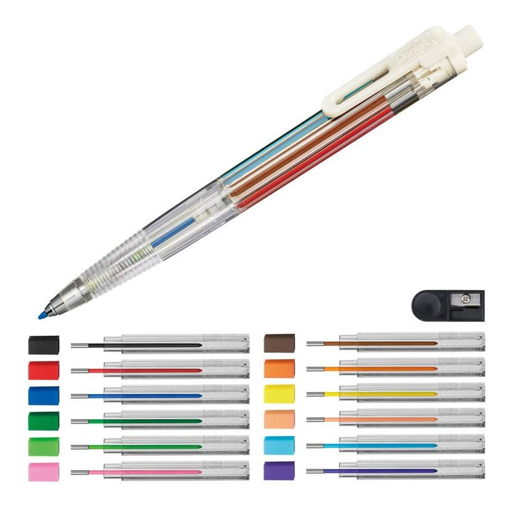 일본 펜텔 아트멀티 8 샤프식 색연필 리필심 12개 샤프너 세트