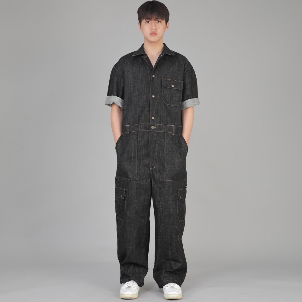 클래식 EX 와이드 카고 반팔 점프슈트 CXC-525 데님 블랙