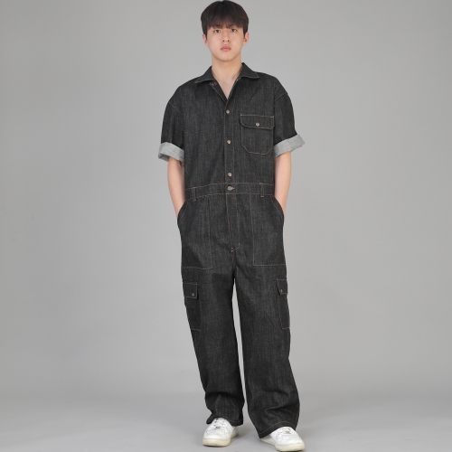 클래식 EX 와이드 카고 반팔 점프슈트 CXC-525 데님 블랙