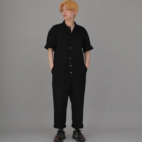 오버라운드 퍼티그 반팔 점프슈트 OF-501S 블랙 B버튼