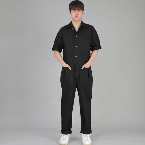 오버라운드 테이퍼드 카고 반팔 점프슈트 OT-502CS 블랙 B버튼