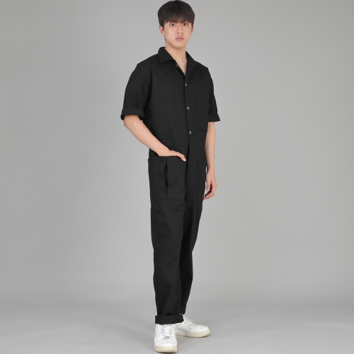 오버라운드 테이퍼드 카고 반팔 점프슈트 OT-502CS 블랙 B버튼