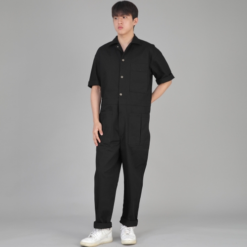 오버라운드 테이퍼드 카고 반팔 점프슈트 OT-502CS 블랙 B버튼