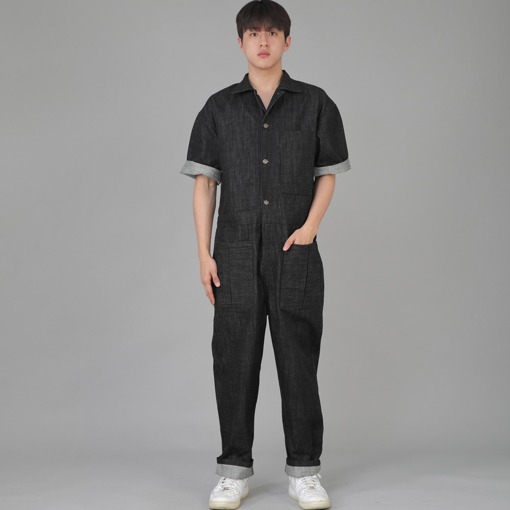 오버라운드 테이퍼드 카고 반팔 점프슈트 OT-502CS 데님 블랙 B버튼