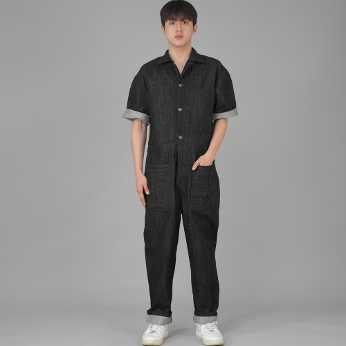 오버라운드 테이퍼드 카고 반팔 점프슈트 OT-502CS 데님 블랙 B버튼