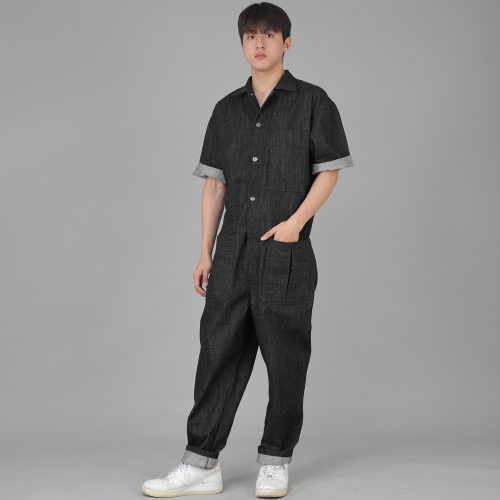 오버라운드 테이퍼드 카고 반팔 점프슈트 OT-502CS 데님 블랙 B버튼