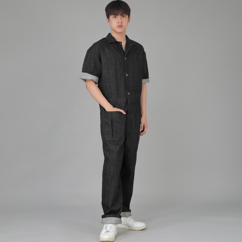 오버라운드 테이퍼드 카고 반팔 점프슈트 OT-502CS 데님 블랙 B버튼
