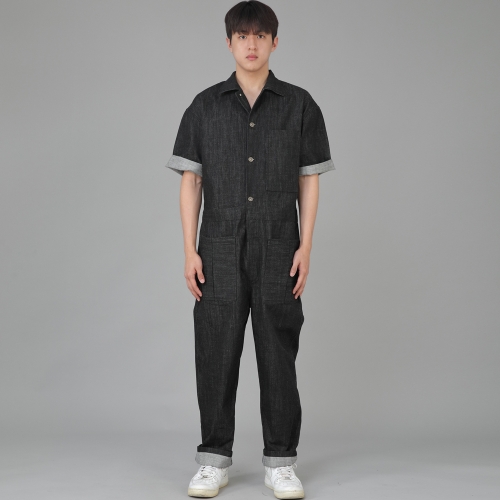 오버라운드 테이퍼드 카고 반팔 점프슈트 OT-502CS 데님 블랙 B버튼
