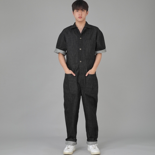 오버라운드 테이퍼드 카고 반팔 점프슈트 OT-502CS 데님 블랙 B버튼