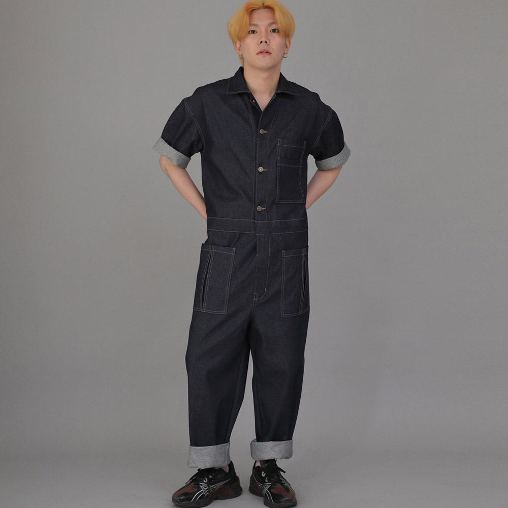 오버라운드 테이퍼드 카고 반팔 점프슈트 OT-502CS 데님 인디고 B버튼