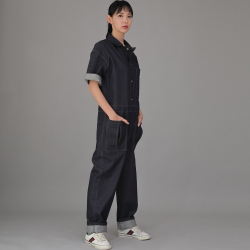 오버라운드 테이퍼드 카고 반팔 점프슈트 OT-502CS 데님 인디고 B버튼