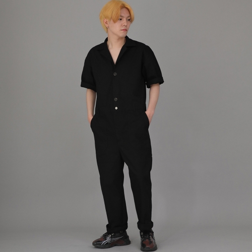 센터버튼앤집업 테이퍼드 반팔 점프슈트 CBZ-513 블랙
