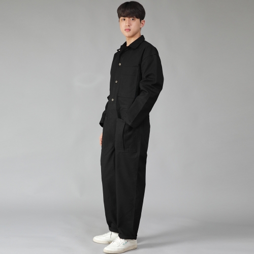 오버라운드 테이퍼드 카고 점프슈트 OT-502C 블랙 B캔톤버튼
