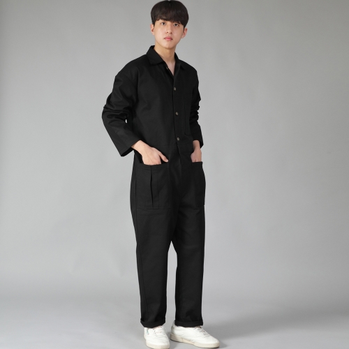 오버라운드 테이퍼드 카고 점프슈트 OT-502C 블랙 B캔톤버튼