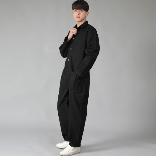 오버라운드 테이퍼드 카고 점프슈트 OT-502C 블랙 B캔톤버튼